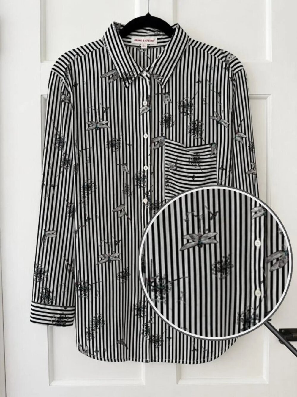 Dragonfly Black & White Striped Button Front Blouse Rayon Women's Size Large